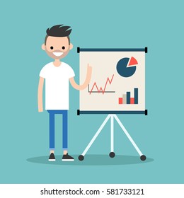 Young bearded man presenting the results of his research / flat editable vector illustration