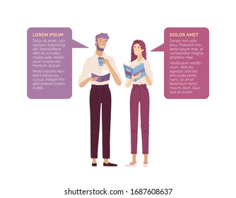 Young bearded man and pretty woman enjoying with books and cup of coffee together. Vector composition with smiling friends and speech bubbles in cartoon style. Coffee break and relaxing with book.
