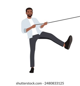 Young bearded man pulling a rope tug of war. Flat vector illustration isolated on white background