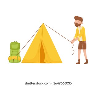 Young Bearded Man Putting Up Tent Vector Illustration
