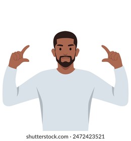 Young bearded man raise hands arms asking how big it is with confused face. Flat vector illustration isolated on white background