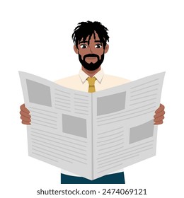 Joven barbudo leyendo el periódico. Ilustración vectorial plana aislada sobre fondo blanco