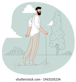 Young bearded man riding the electric scooter on the city park background feeling delighted. Flat design thin line vector concept.