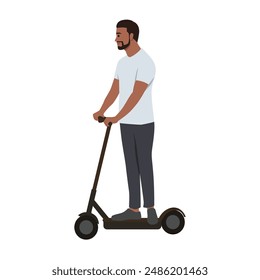 Young bearded man riding on electic kick scooter. Flat vector illustration isolated on white background