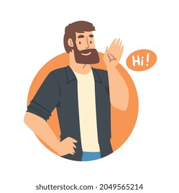 Young Bearded Man Saying Hello and Showing Hand Greeting Gesture Vector Illustration