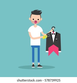 Young bearded man shocked by a high price / flat editable vector illustration, clip art