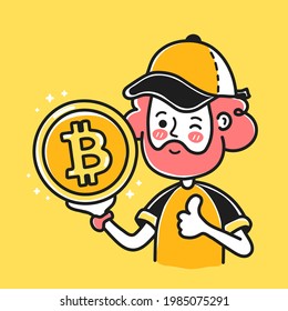 Junge Bärenmenschen zeigen Bitcoin-Münzsignatur in der Hand. Vektordoodle Cartoon-Zeichentrickgrafik. Einzeln auf weißem Hintergrund. Person mit Bitcoin, Kryptowährung, Bergbaugeld, Finanzierungskonzept