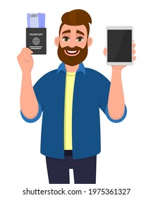 Young bearded man showing passport with tickets and blank screen tablet computer. Hipster trendy person holding boarding pass and modern digital gadget. Male cartoon illustration design in vector.