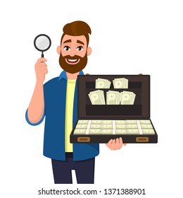 Young Bearded Man Showing/holding Magnifying Glass And Brief Case Full Of Money/cash/currency Bank Notes. Search, Find, Discovery, Analyze, Inspect, Investigation Concept Illustration In Cartoon.