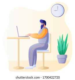  Flache Vektorillustration Illustration. Junge Bartete sitzen am Schreibtisch und arbeiten auf Laptop.  Konzept der Fernarbeit oder des Studiums von Home während Quarantine. Gemütlicher Arbeitsplatz