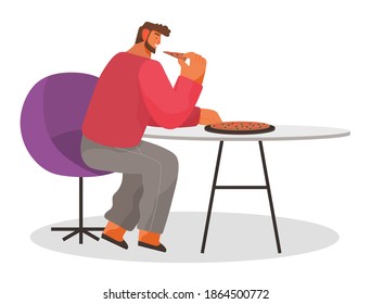 Young bearded man sitting on modern chair at a table eating pizza vector illustration. Stylish male character having lunch in a pizzeria on white background. A lonely visitor has dinner in a cafe