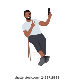 Young bearded man sitting on chair and taking selfie. Flat vector illustration isolated on white background