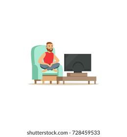 Young bearded man sitting on armchair with red blanket in front of the television screen vector Illustration