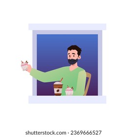 Young bearded man is sitting in open house window. Neighbourhood cartoon male character holds out a cake. Enjoys a cup of coffee with sweets vector flat illustration isolated on white background.
