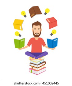 young bearded man sitting in yoga lotus pose and reading books isolated on white background