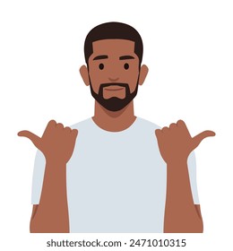 Young bearded man smiling joyfully and looking happy pointing both ways with thumbs. Flat vector illustration isolated on white background