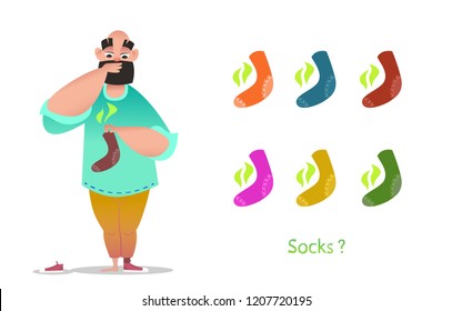 Young bearded man sniffing dirty socks. Sets of colorful bright smelly wrap socks. Poisonous inscription "Socks". Vector illustration in a jogging cartoon style.