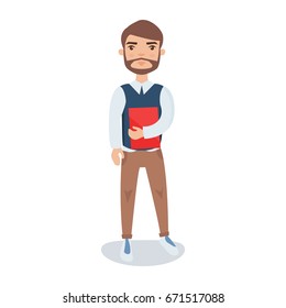 Young bearded man standing with a book in his hands cartoon character vector Illustration