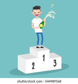 Young bearded man standing on the pedestal and opening a bottle of champagne. Opened champagne sprayed. Celebration concept. / flat editable vector illustration