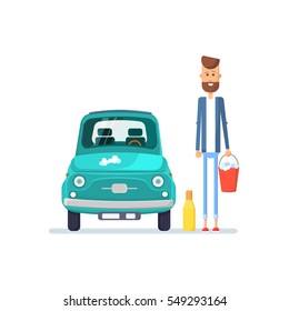 Young bearded man standing with a red bucket to wash the car. Flat Vector illustration.