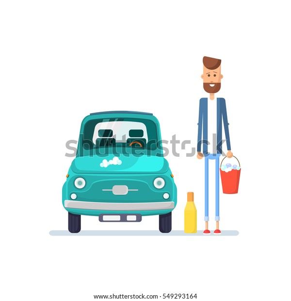 Young bearded man standing with a red\
bucket to wash the car. Flat Vector\
illustration.