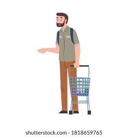 Young Bearded Man Standing with Shopping Cart, Guy Shopping Groceries at Mall or Supermarket Cartoon Style Vector Illustration