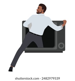 Young bearded man step inside retro TV. Flat vector illustration isolated on white background