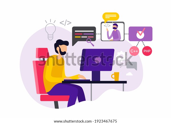 Young bearded man is studying\
programming languages staying at home. Coding workshop. IT video\
courses and training. Video tutorial. Flat vector\
illustration