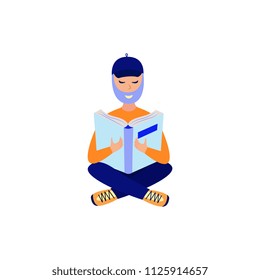 Young bearded man studying with reading book - flat male character sitting cross-legged on floor with open book for education or literary leisure concept in isolated vector illustration.
