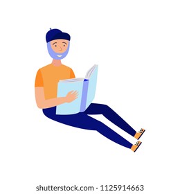 Young bearded man studying with reading book isolated on white background. Flat male character sitting with open book in hands for back to school and education concept in vector illustration.