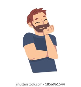 Young Bearded Man Thinking up an Idea with Happy Facial Expression and Closed Eyes, Guy Dreaming about Something Cartoon Style Vector Illustration