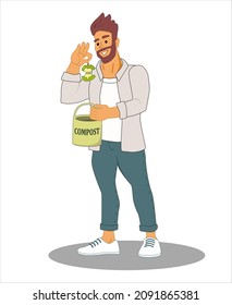A young bearded man throws a splash of apple into compost. Zero waste and sustainable lifestyle concept. Vector illustration on white background.