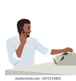 Young bearded man using banknote counter and talking on phone with client. Flat vector illustration isolated on white background