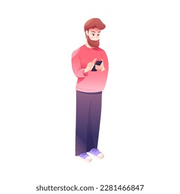 Young Bearded Man Using Smartphone as Mobile Device Vector Illustration