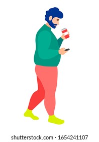 Young bearded man walks and holds coffee and a phone in his hands. Vector illustration isolated on a white background.