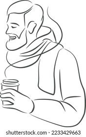 Young bearded man in warm clothes holding paper cup with hot coffee or mulled wine in his hands. Simple linear vector drawing