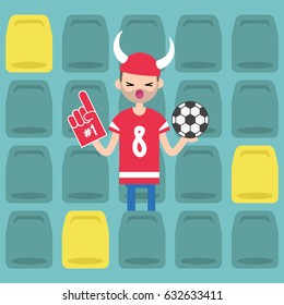 Young bearded man wearing horned hat and foam finger at the stadium / flat editable vector illustration, clip art