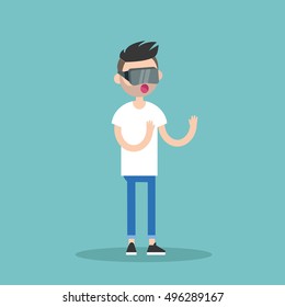 Young bearded man wearing virtual reality glasses / flat editable vector illustration