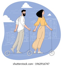 Young bearded man and woman riding the electric scooter on the cityscape background feeling delighted. Flat design thin line vector concept.