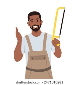 Young bearded man worker in brown overall outfit holding hacksaw. Flat vector illustration isolated on white background