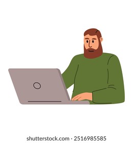 Jovem homem barbudo está trabalhando em um laptop.Office worker.Person trabalha e estuda online.Freelancer cara com laptop.Social mídia comunicação.Vetor ilustração cartoon.