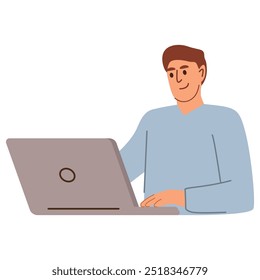 Jovem homem barbudo está trabalhando em um laptop.Office worker.Person trabalha e estuda online.Freelancer cara com laptop.Social mídia comunicação.Vetor ilustração cartoon.