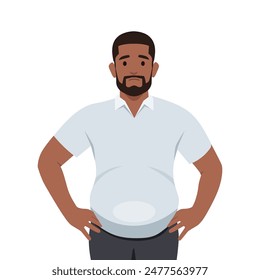 Young bearded man worried about belly fat. Flat vector illustration isolated on white background
