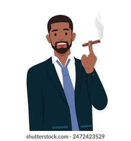 Young bearded rich man smoking a cigar wearing suit with tie. Flat vector illustration isolated on white background