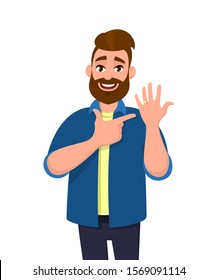 Young bearded trendy man showing wedding ring and pointing hand finger. Male character design illustration. Modern lifestyle, latest trend concept in vector cartoon style. Person's happy married life.