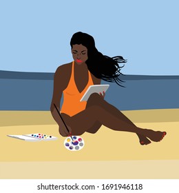 Young beatiful afro american woman sits on the beach and paints. Woman in the swimsuit  paints on canvas. Ilustration in flat style of an artist who works on vacation enjoing sun and summer.
