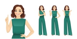 Young Beatiful Woman In Green Jumpsuit Frustrated, Thinking And Making Idea Pointing Up Isolated On White Background Vector Illustration