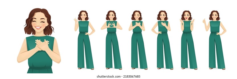 Young beatiful woman in green jumpsuit showing positive emotions with different gestures. Isolated vector ilustration set