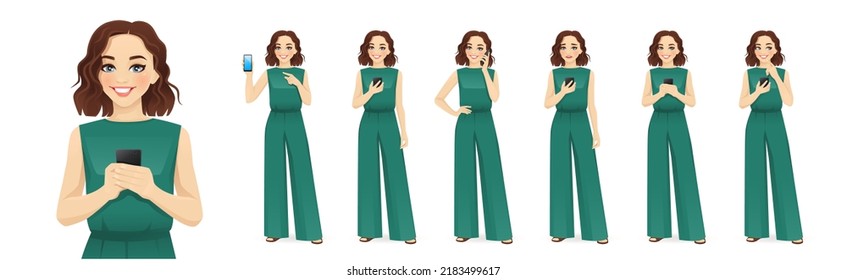 Young beatiful woman in green jumpsuit holding mobile phone, talking, texting and showing empty sreen isolated vector illustration