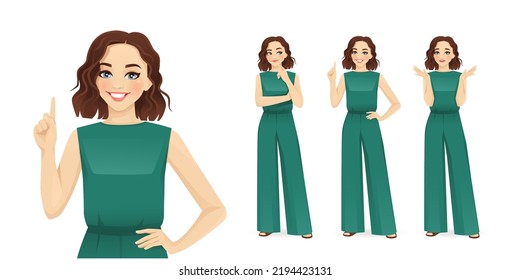 Young beatiful woman in green jumpsuit frustrated, thinking and making idea pointing up isolated on white background vector illustration